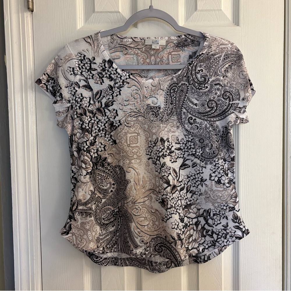 Vintage Y2K Style Croft & Barrow Embellished Short Sleeve Shirt Petite Medium